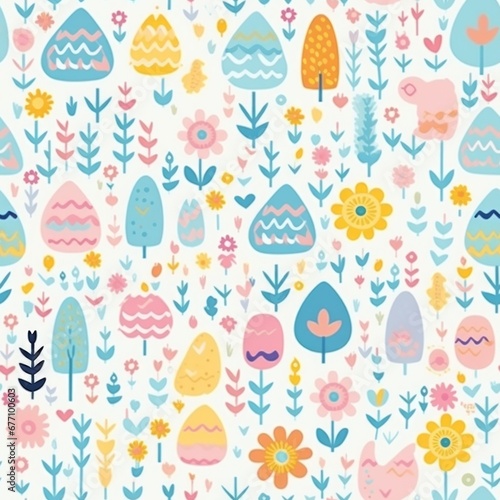 seamless pattern with cute whimsical drawings of easter or spring theme: plants on white background