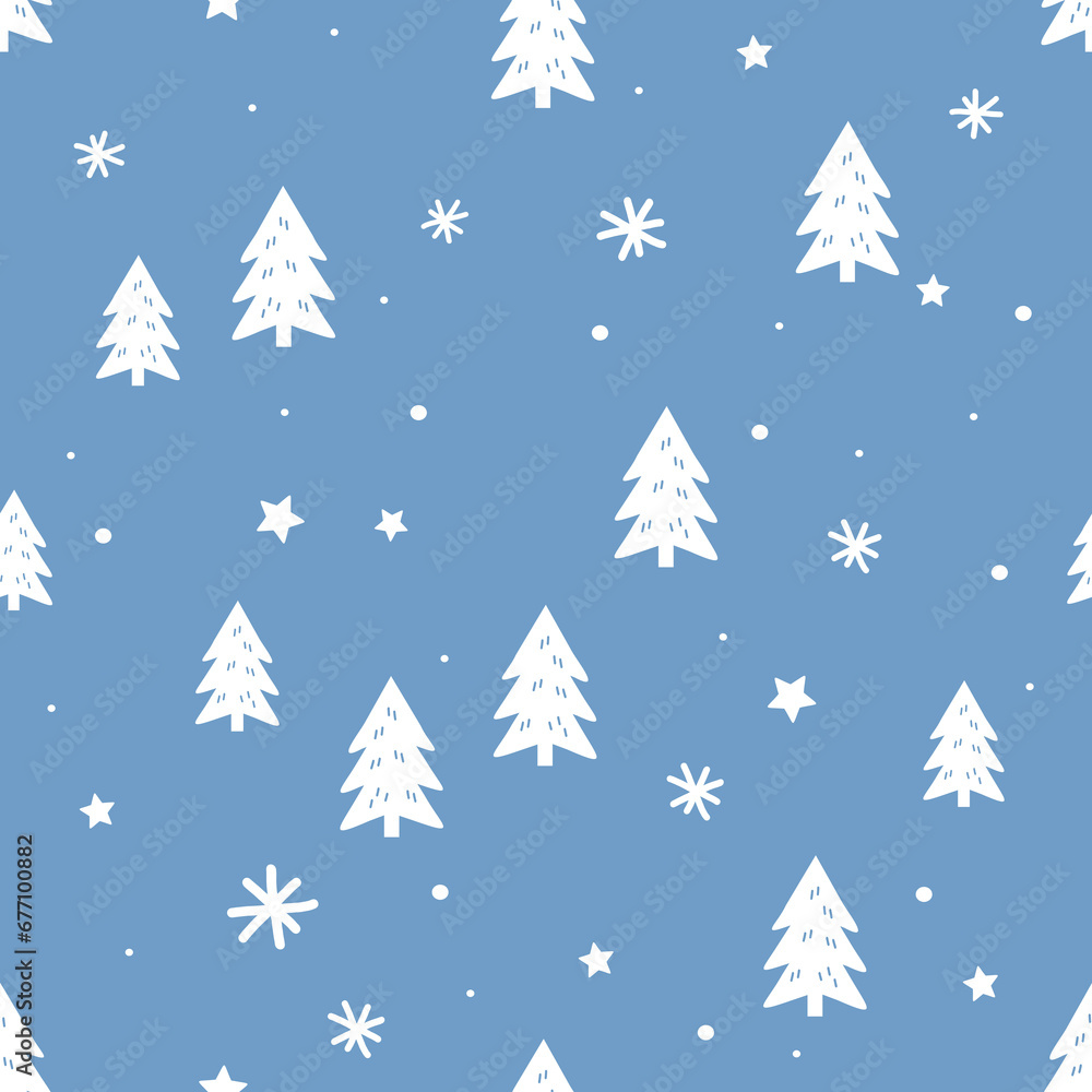 Christmas or New year seamless pattern with Christmas tree and snowflakes on blue background vector illustration.