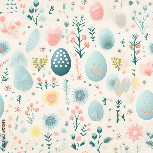 seamless pattern with cute whimsical pastel drawings of easter theme: plants and painted eggs, on white background