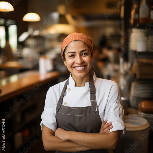 A smiling hispanic female chef standing proudly in a restaurant kitchen.