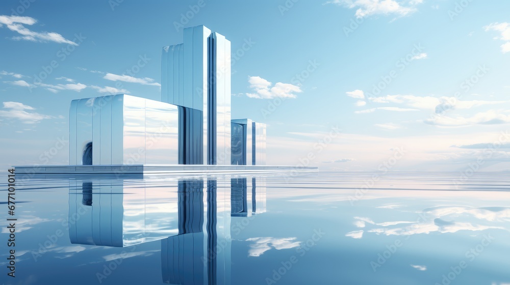 Futuristic concrete buildings in front of a blue sky. Modern architecture. Futuristic concrete buildings in front of a blue sky. Modern architecture.