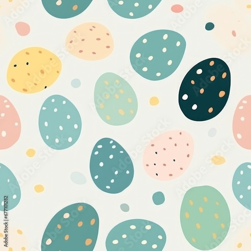 seamless pattern with cute whimsical pastel drawings of easter theme: painted eggs, on blue background