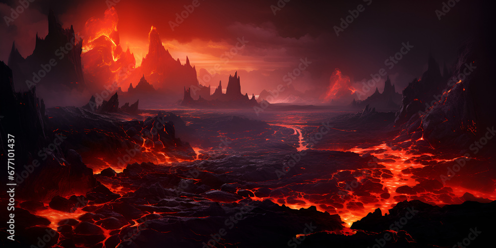 Red Orange vibrant Molten Lava flowing onto darkened landscapes. Volcanic lava flowing through darkened landscapes