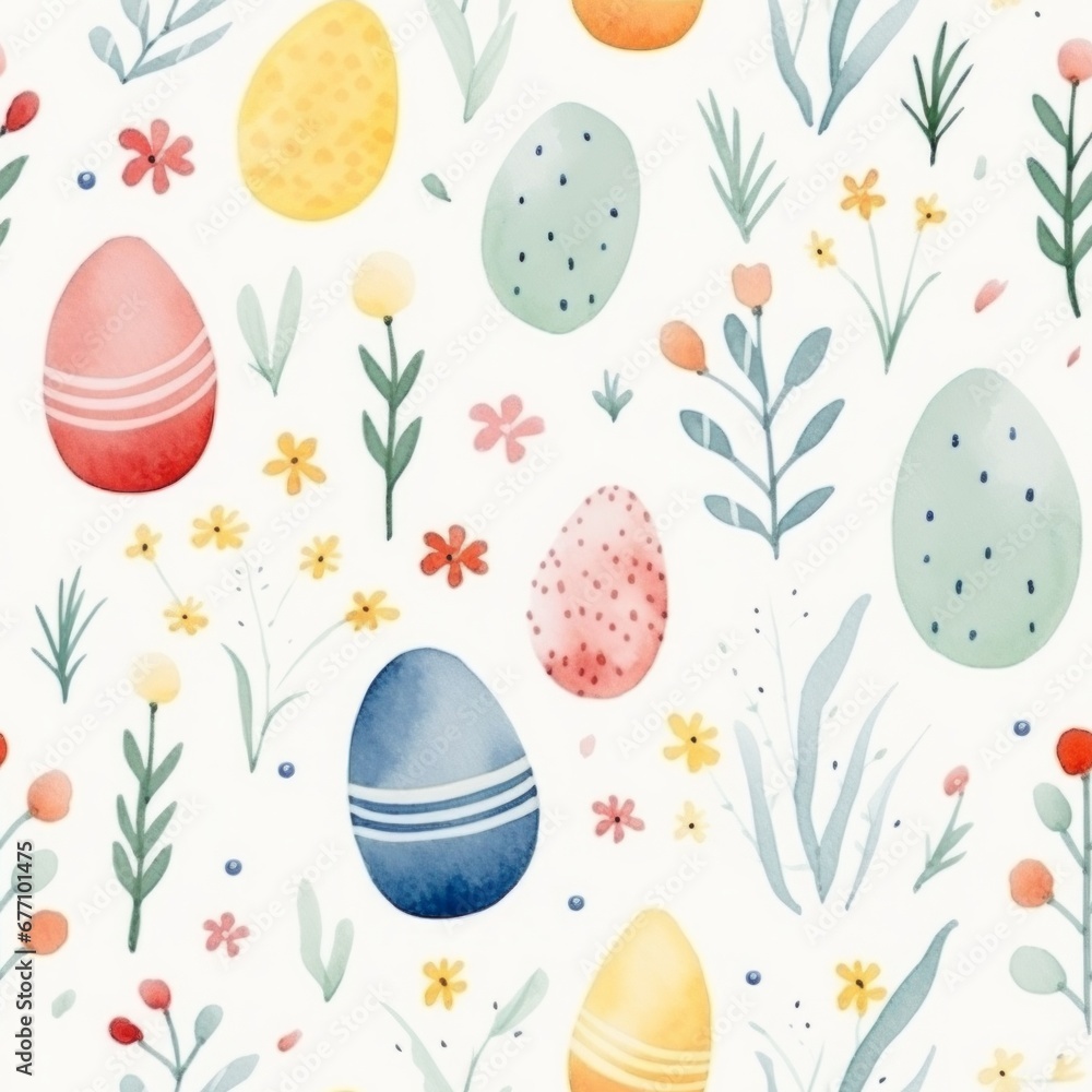 seamless pattern with cute whimsical pastel watercolor drawings of easter theme: plants and painted eggs, on white background