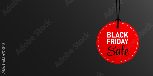Black Friday Sale red badge on black background. Web Banner, online poster, black friday sign hanging, with copy space, trendy vector illustration.