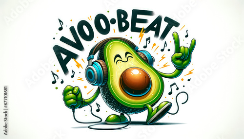 The Avo-Beat Groove image
An avocado character wearing stylish headphones, lost in the rhythm, jamming to music with the words 'Avo-Beat' written in a funky, dynamic font besid.