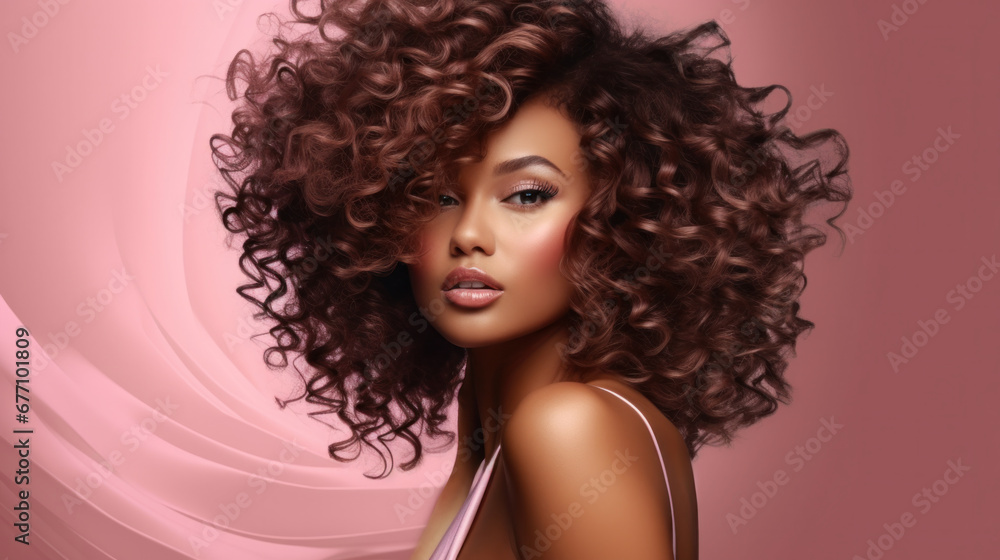 Fashion model with lush curls and makeup against a swirling pink background Fashion model with lush curls and makeup against a swirling pink background