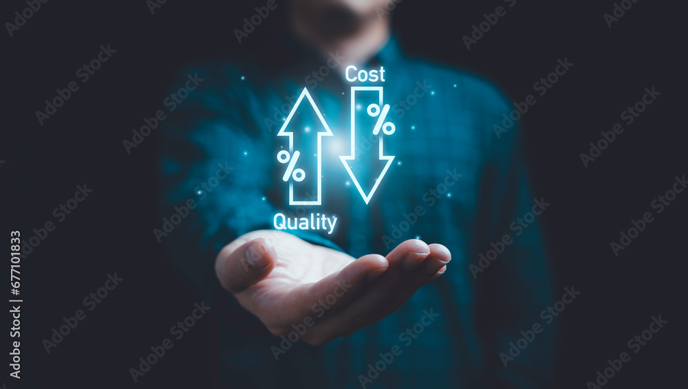 Businessman holding cost with down arrow and quality with up arrow for business project management strategy have to control budget cost and improvement quality of product and service concept. - obrazy, fototapety, plakaty 