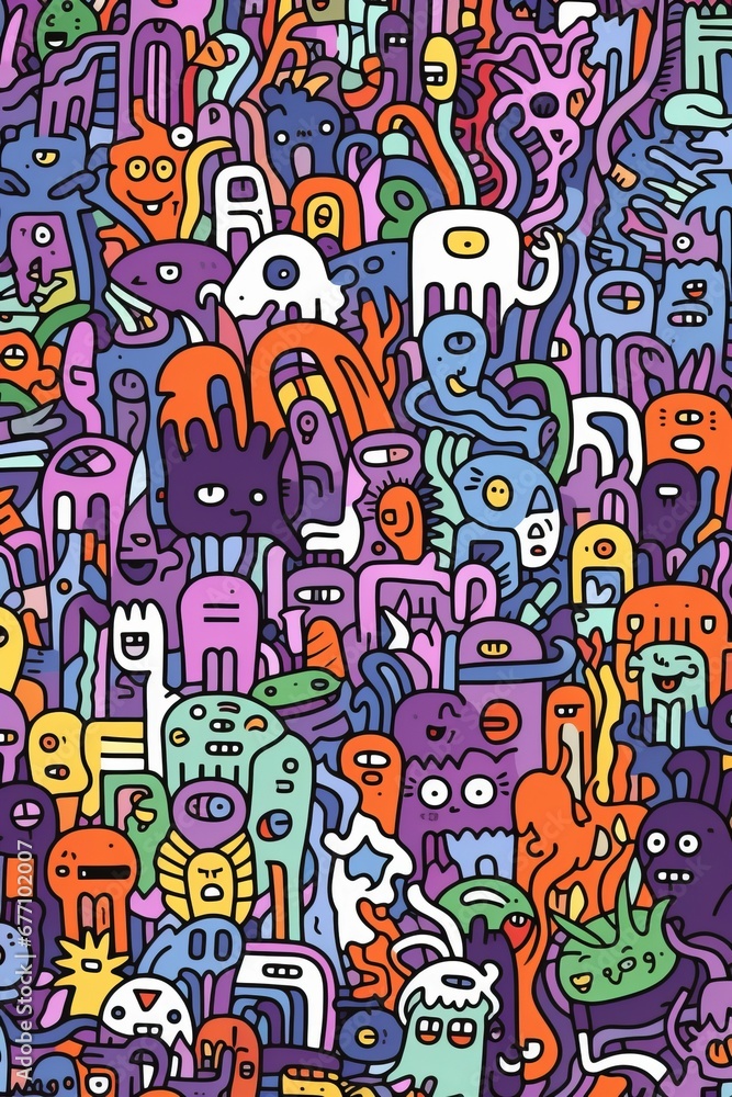Illustration of colorful doodle crowd cute alien and monster Created with Generative AI technology. Illustration of colorful doodle crowd cute alien and monster Created with Generative AI technology.