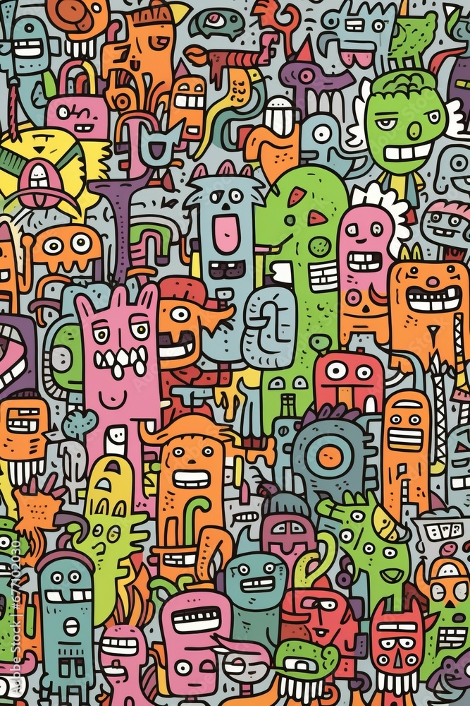 Illustration of colorful doodle crowd cute alien and monster Created with Generative AI technology. Illustration of colorful doodle crowd cute alien and monster Created with Generative AI technology.