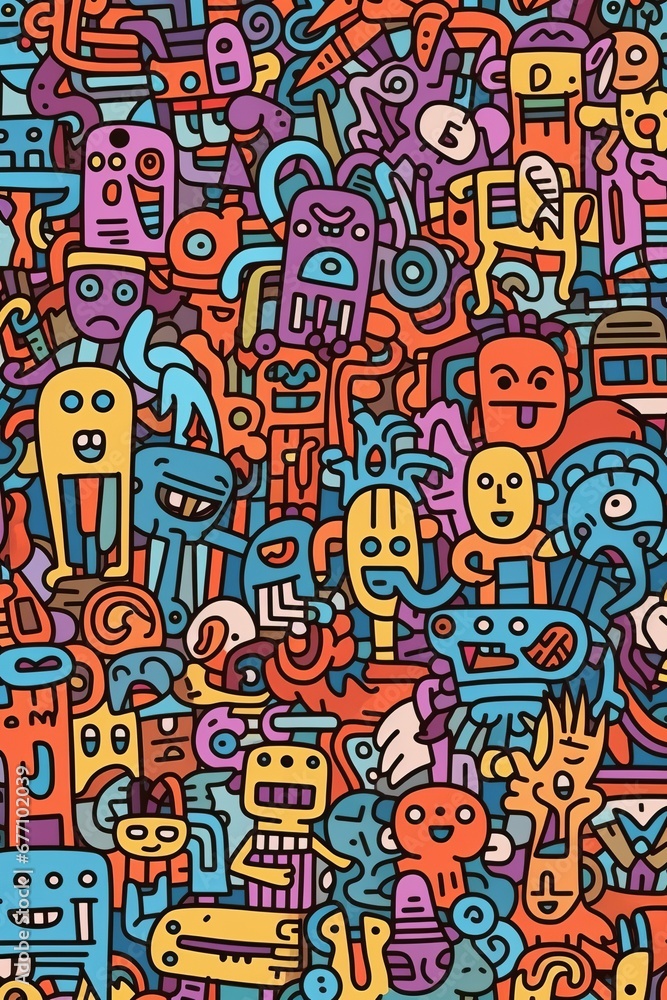 Illustration of colorful doodle crowd cute alien and monster Created with Generative AI technology.