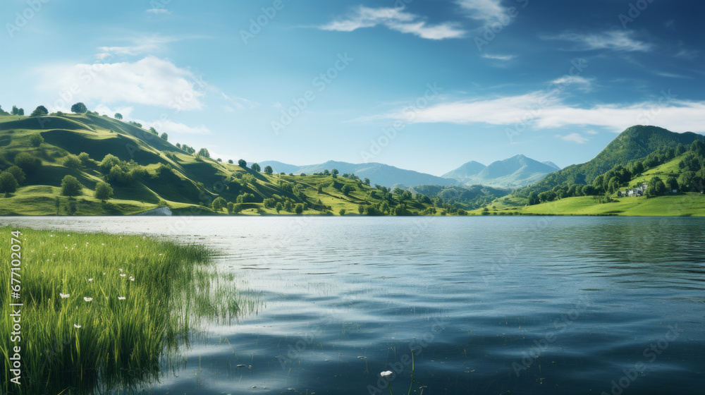 A panoramic view of a peaceful lake surrounded by lush green hills