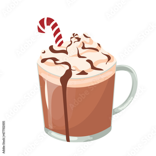 Hot chocolate vector illustration. Hot beverage. Flat icon isolated on white background. Cozy time concept. Hand drawn illustration for menu, design, flyer, banner.