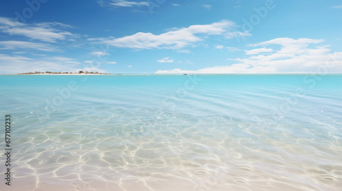 A panoramic view of a serene beach with white sand and crystal clear water
