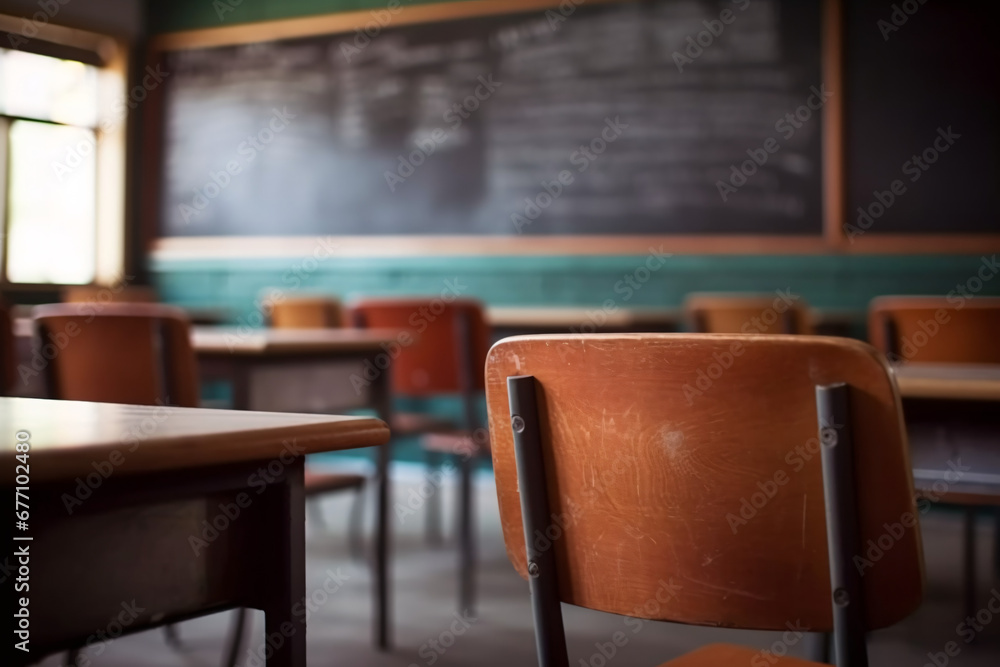 Classroom Setup: School Chairs and Blurred Blackboard Background