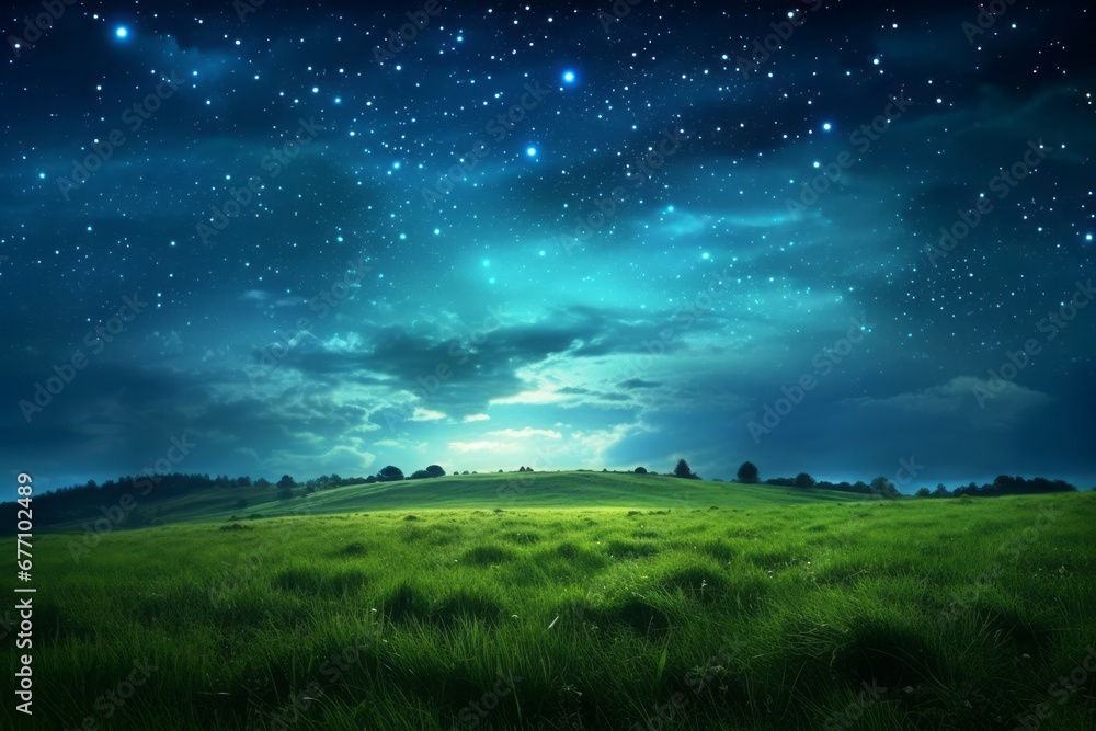 Green meadow and tree on hills at stars night sky background Created with Generative AI technology. Green meadow and tree on hills at stars night sky background Created with Generative AI technology.