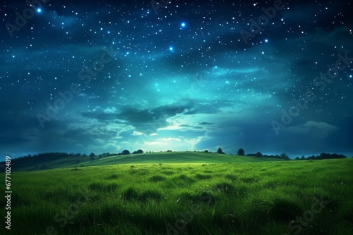 Green meadow and tree on hills at stars night sky background Created with Generative AI technology.