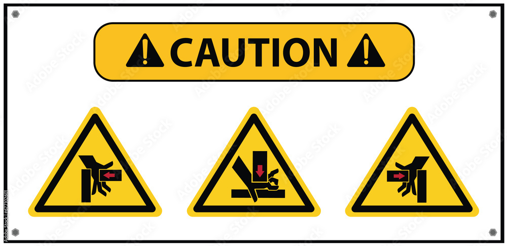 Sign warning of hands being pressed against from machines. Sign warning of hands being pressed against from machines.