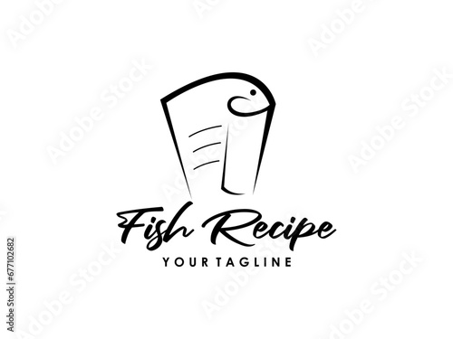Seafood recipe book logo with fish paper illustration vector