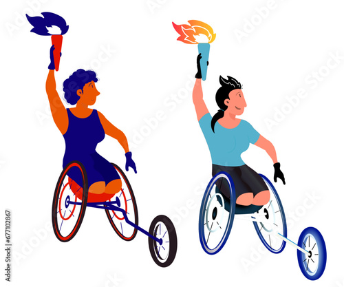 Des femmes para-athlètes portant la flamme olympique à bord de leur Handbike (Vélo à main)