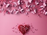 Red background of hearts, romantic paper clipping concept, top view. Beautiful cute hearts on a pastel pink table of a flat composition. Generated by AI.