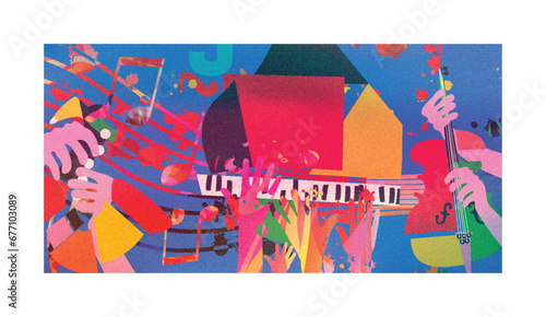 Music background with colorful musical notes staff and hands vector illustration design. Artistic music festival poster, live concert events, party flyer, music notes signs and symbols	
