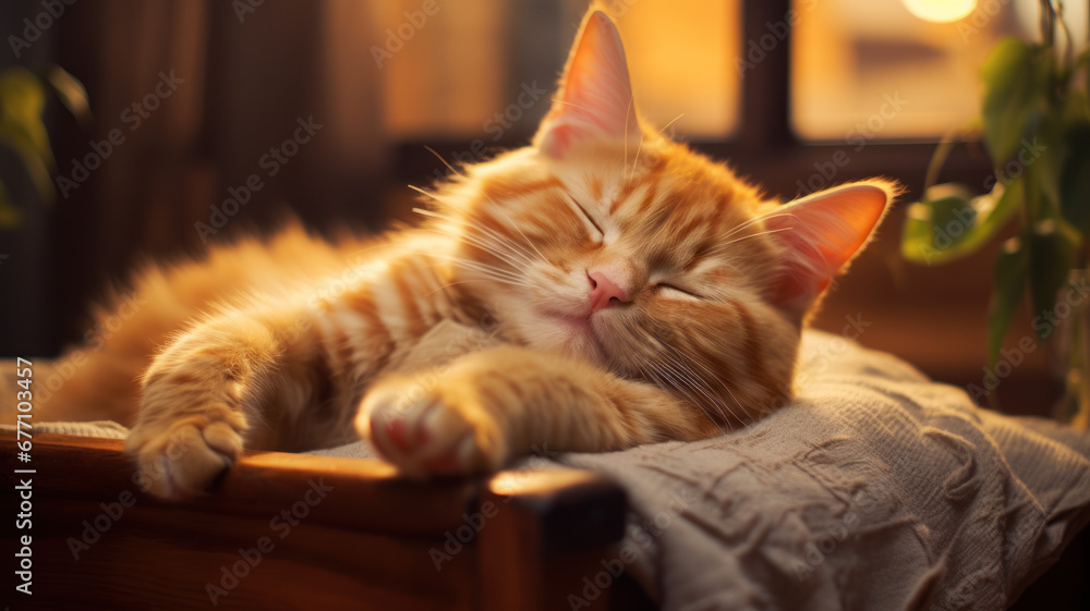 Adorable Orange Cat Napping with Paws Up