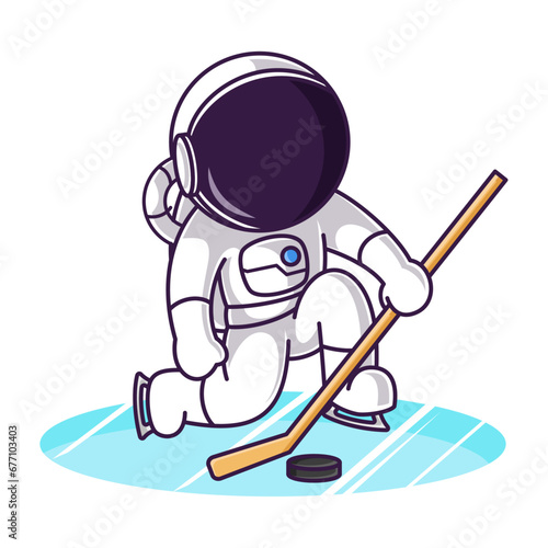 Little Cute Astronaut Kids Playing Ice Hockey. Cartoon Logo Illustration Design. Isolated Premium Vector File, background is easy to edit. Can use for Icon, Logo, banner, flyer or any design project