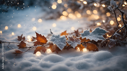A winter tableau of crystallized leaves and twigs under a layer of snow, accented by the gentle sparkle of fairy lights for a magical ambiance.
