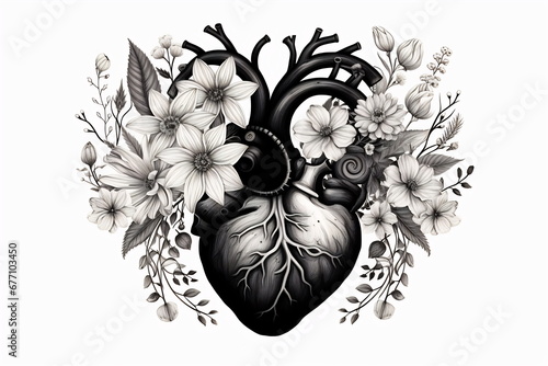 Valentines day card. Anatomical heart with flowers. Black and white ink illustration photo