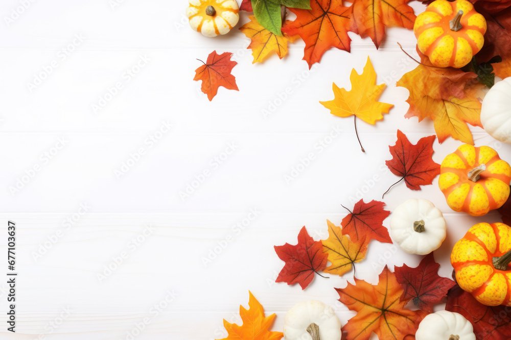 Autumn Festive Decor on White Wooden Background Autumn Festive Decor on White Wooden Background