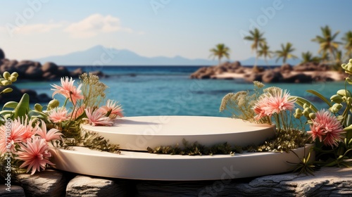 Minimalist luxury podium on a cliffside with a serene ocean view, under a clear sky with fluffy clouds.