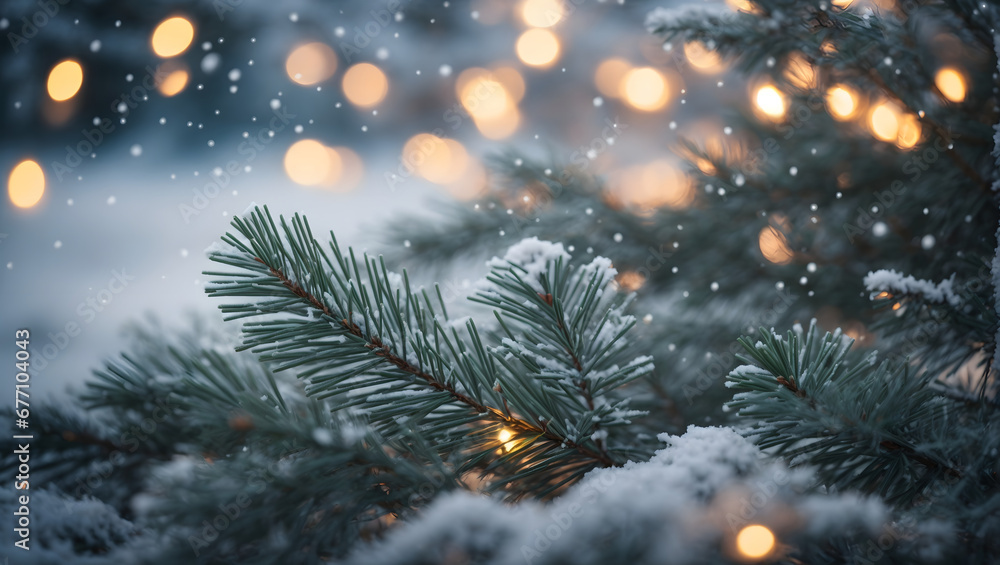 Abstract winter composition with frosty pine needles, gentle snow drifts, and blurred Christmas lights, creating a dreamy and festive atmosphere.