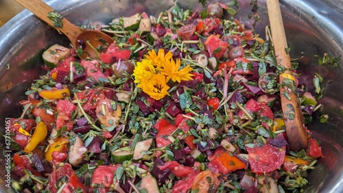 Juicy colorful fresh salad of vegetables and herbs with purslane