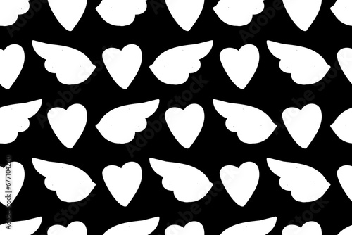 Contrast black and white colors. Romantic heart and wing. Angel love. St. Valentine's Day stylish seamless vector pattern for design and decoration.