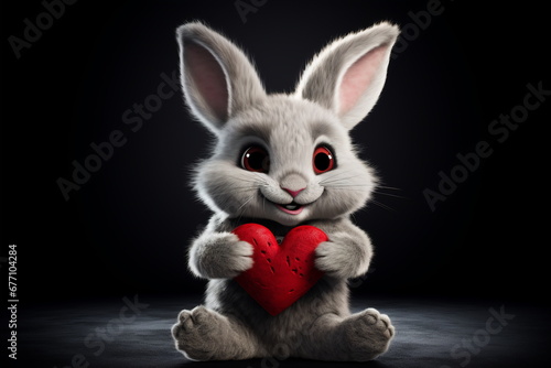 Valentine's day card with Kawaii bunny. Rabbit cartoon collection. Small lovely rabbit holds love heart