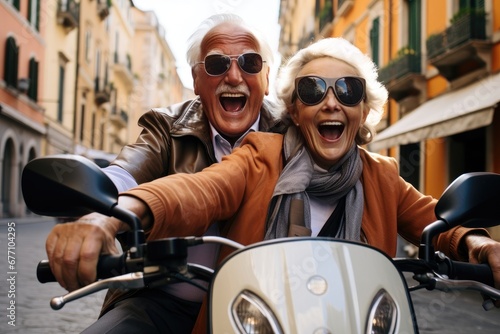 Happy old couple driving an old timer through an Italian town on their vacation.