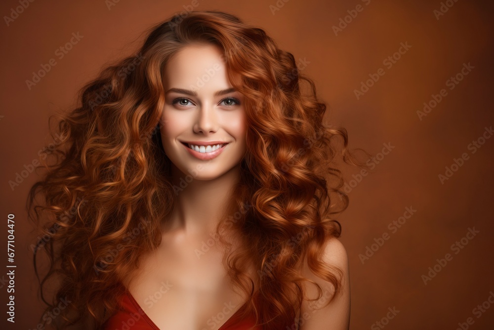 Happy beautiful haired woman, Looking at the camera, one color background, generative ai Happy beautiful haired woman, Looking at the camera, one color background, generative ai