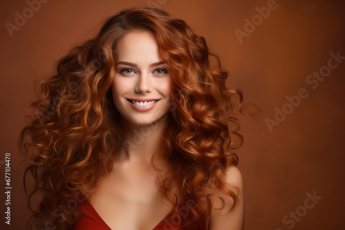 Happy beautiful haired woman, Looking at the camera, one color background, generative ai