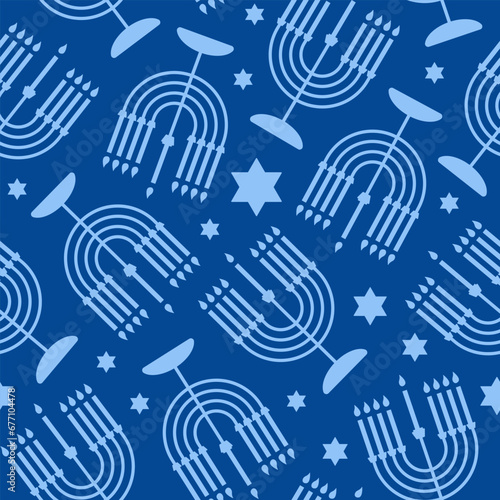 Happy Hanukkah seamless pattern with creative symbols on blue background. Modern festive monochrome design for wallpaper, wrapping paper, fabric, banner. Vector illustration