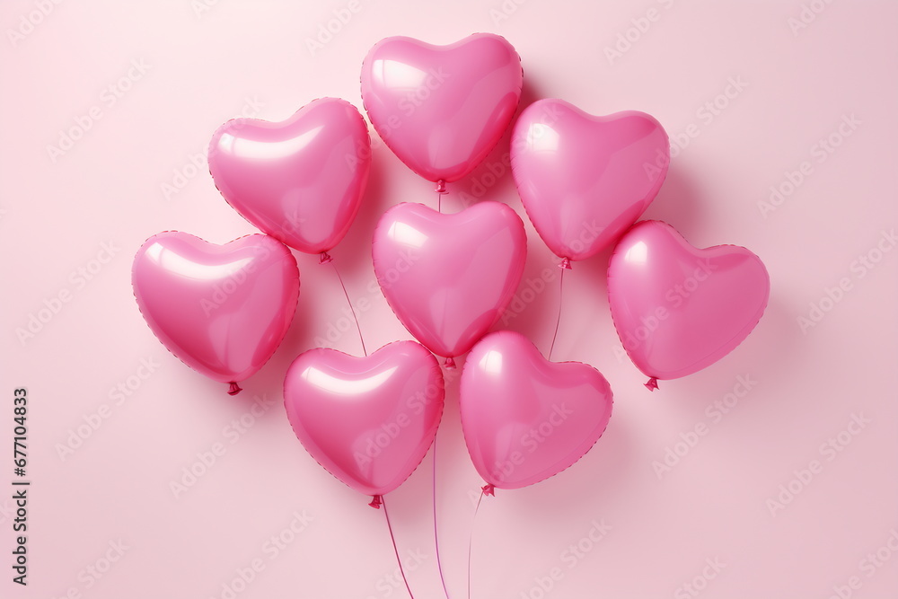 Heart shape pink balloons. Valentine's Day or Mother's Day elements against pink background