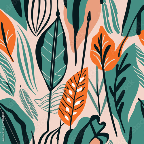 Hand drawn horizontal banner pattern with autumn bright leaves and berries in retro color template.