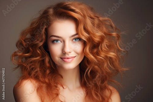 Happy beautiful haired woman, Looking at the camera, one color background, generative ai