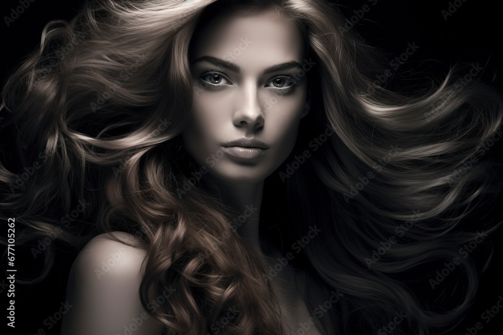 Happy beautiful haired woman, Looking at the camera, one color background, generative ai Happy beautiful haired woman, Looking at the camera, one color background, generative ai