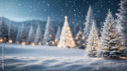 3D render of a winter wonderland with frosted fir trees, delicate snowflakes, and festive bokeh lights, offering a magical holiday ambiance.
