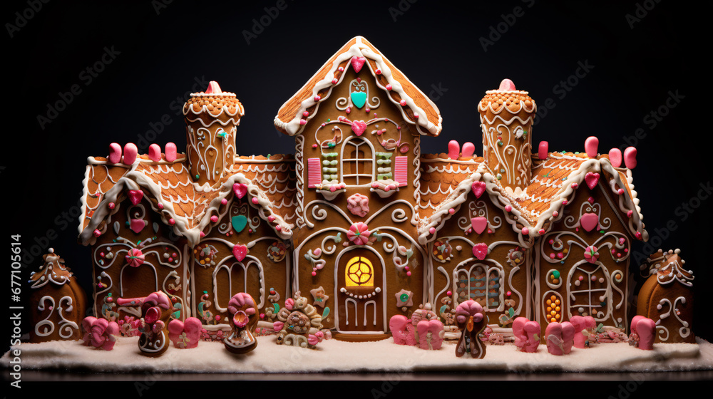 Fototapeta premium Beautifully decorated gingerbread house with colorful decorations 