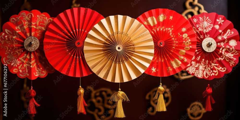 A paper fan medallion used as a Chinese New Year decoration is a traditional and ornamental item often employed to enhance the festive atmosphere during the celebration.