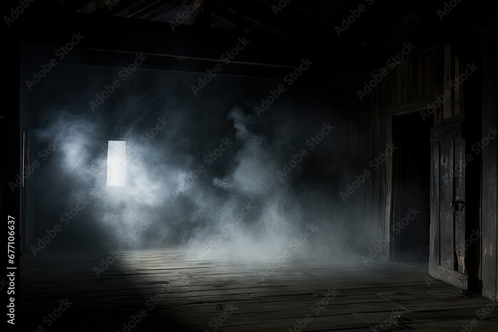 Dark, foggy room with a mysterious and scary athmosphere.