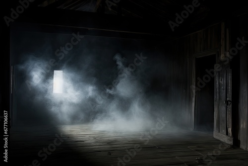 Dark, foggy room with a mysterious and scary athmosphere.