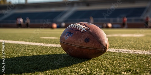 Closeup American football in grasses. Mixed media Team sport concept
